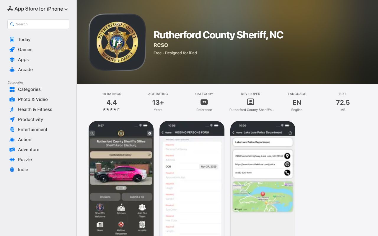 Apple App Store listing for Rutherford County Sheriff NC app