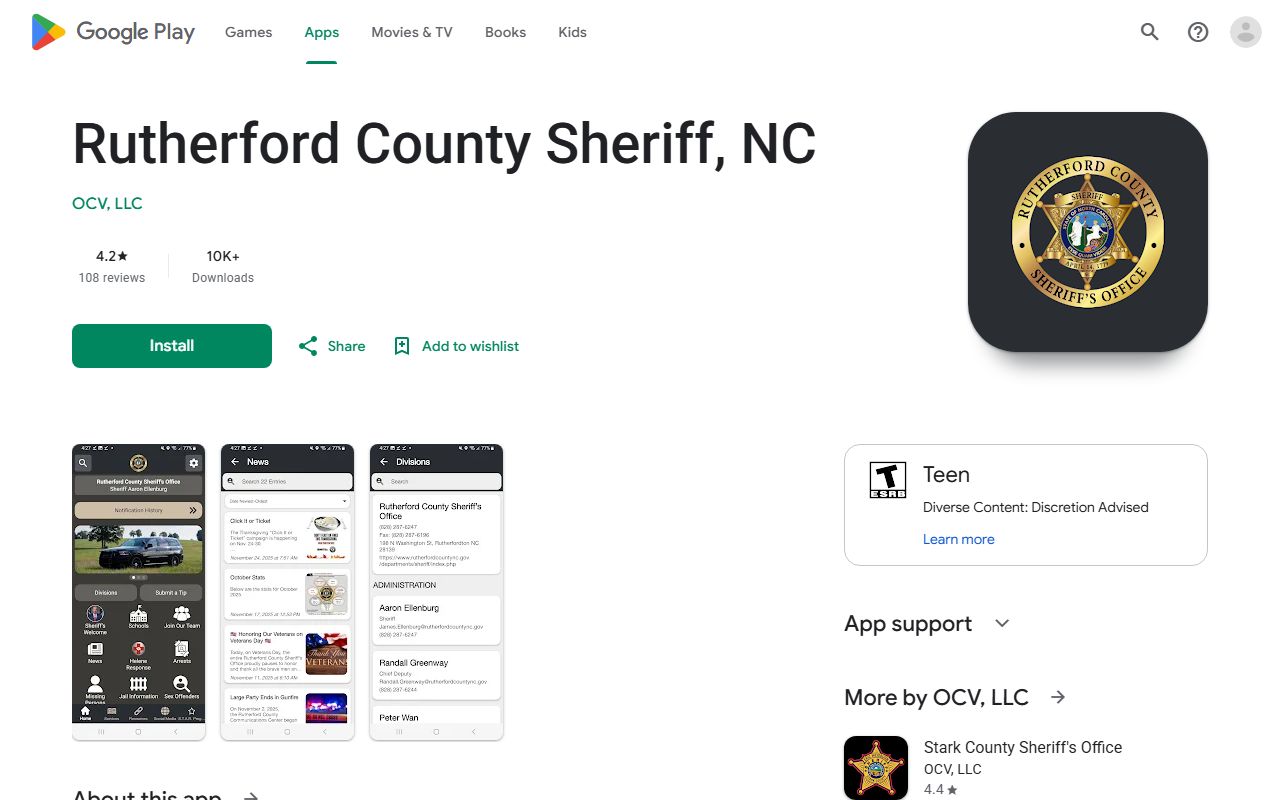 Google Play listing for Rutherford County Sheriff NC app