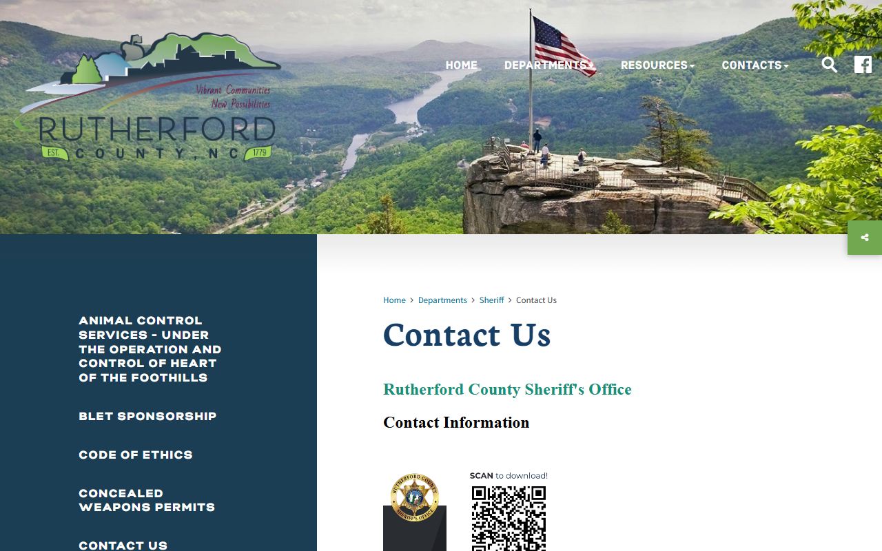 Rutherford County Sheriff contact page with office contacts and app links