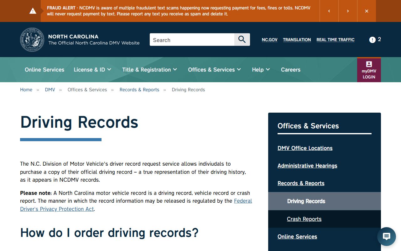 Rutherford County traffic court records NCDMV driving records ordering page