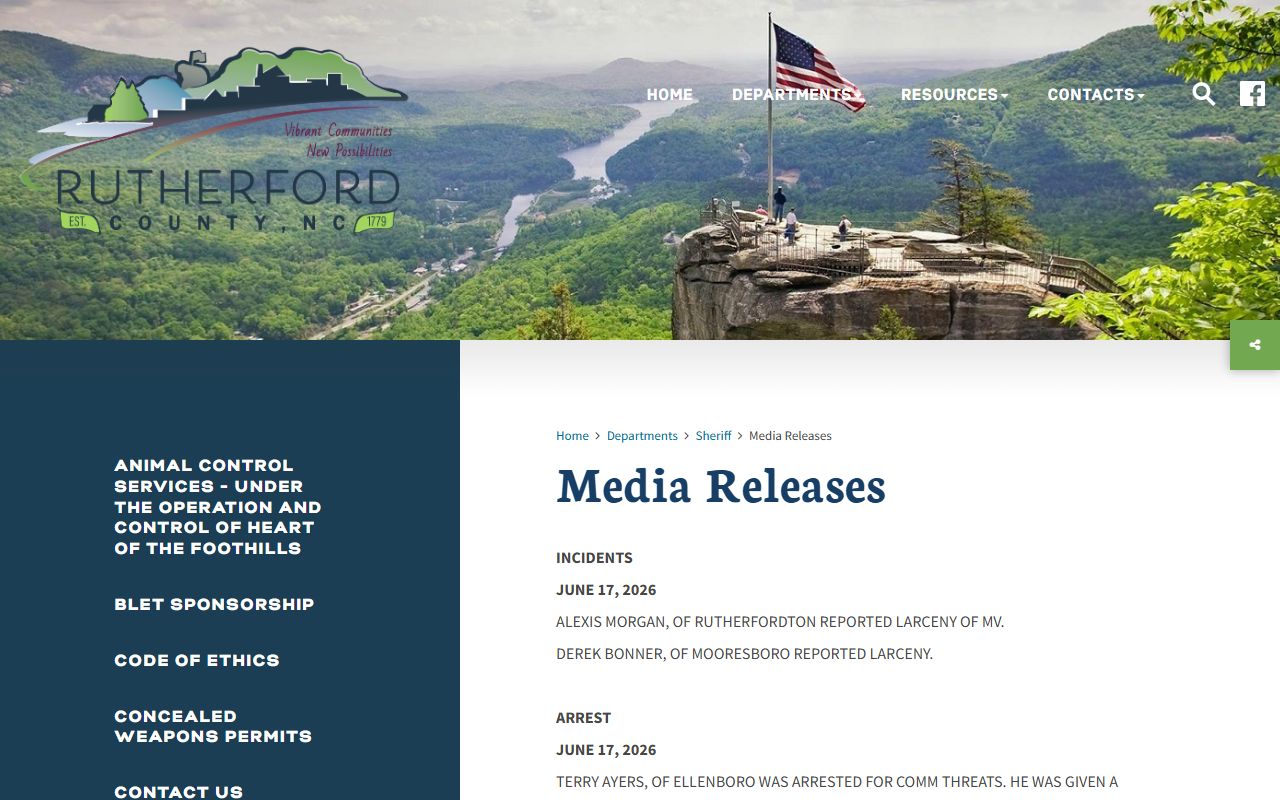 Rutherford County Sheriff media releases page with arrest and incident entries