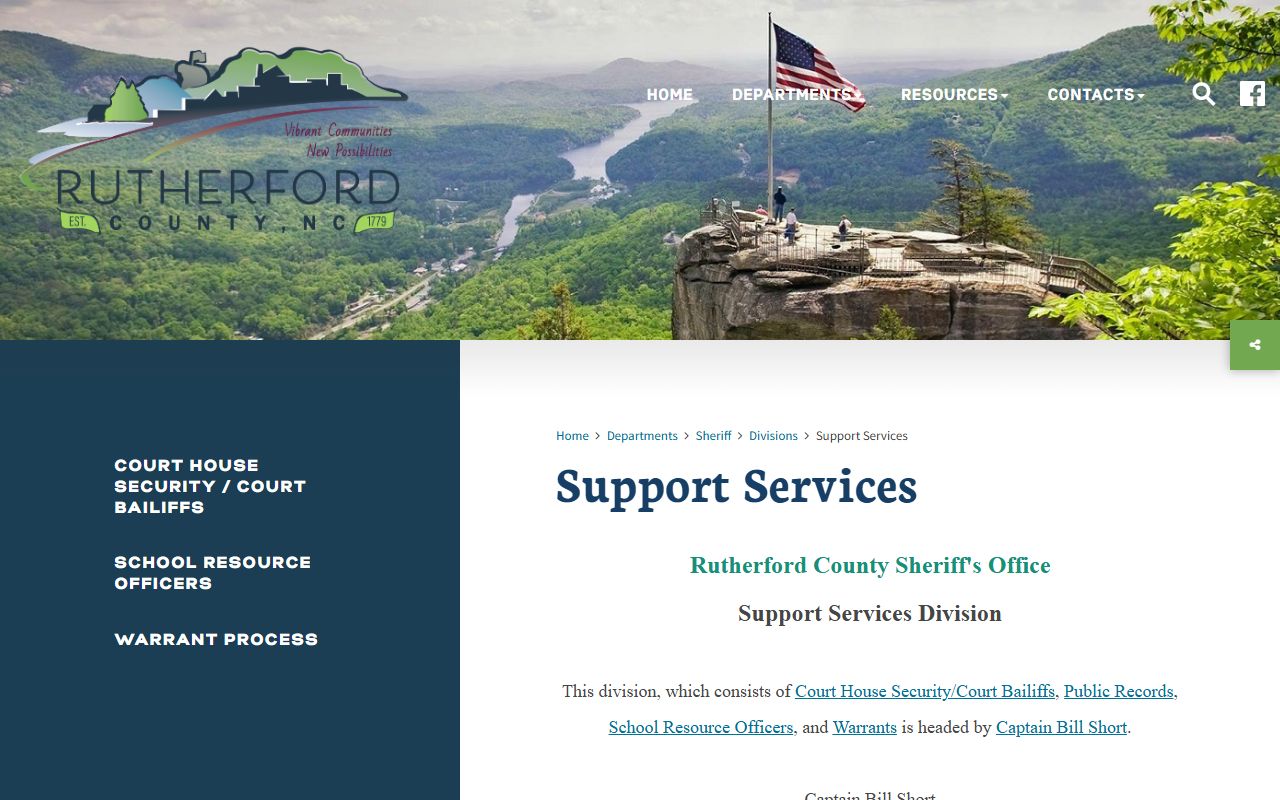 Rutherford County Sheriff Support Services page for warrants and court services
